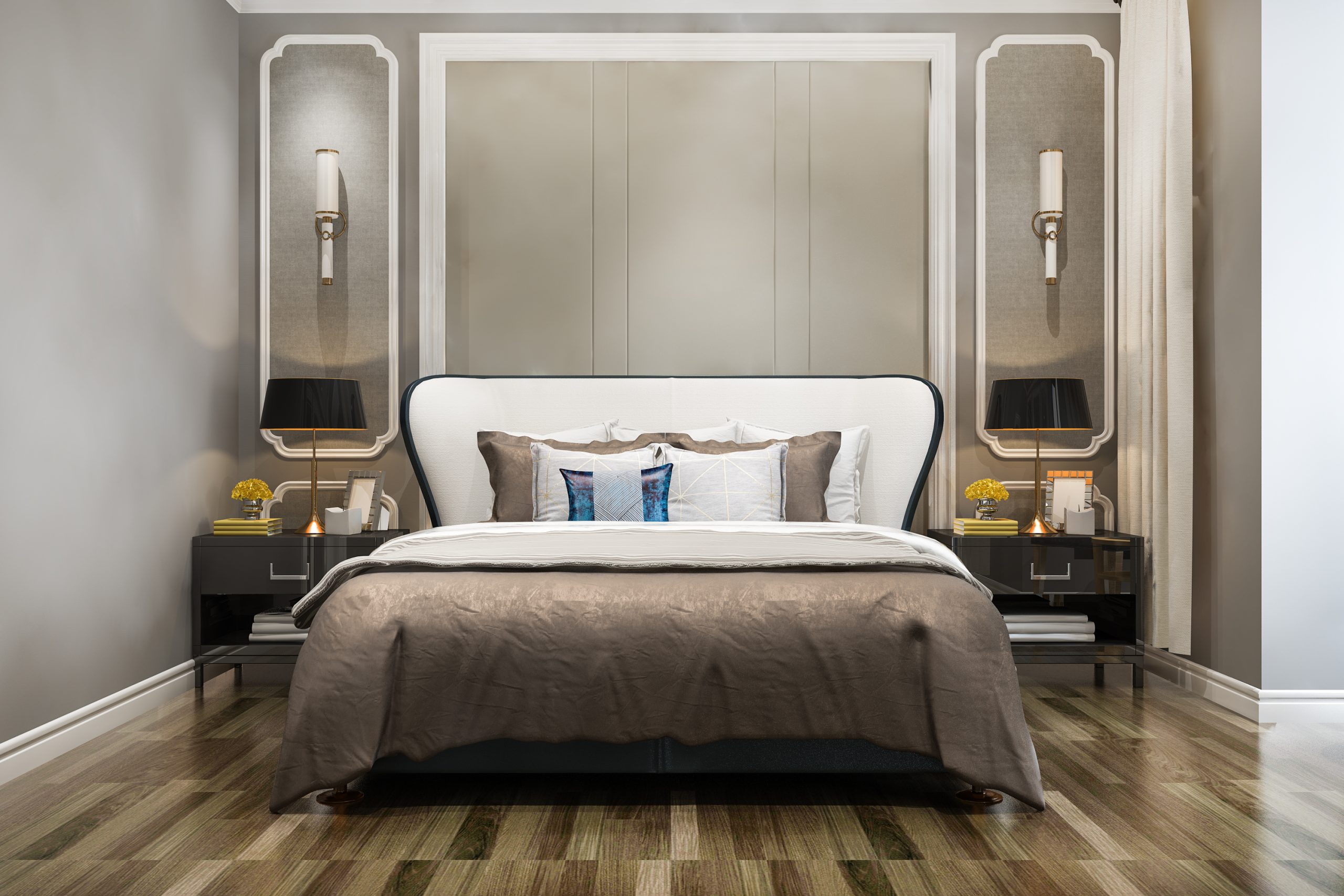 3d rendering beautiful luxury bedroom suite in hotel with tv Mira Yatak Odası Takımı - Görsel 1