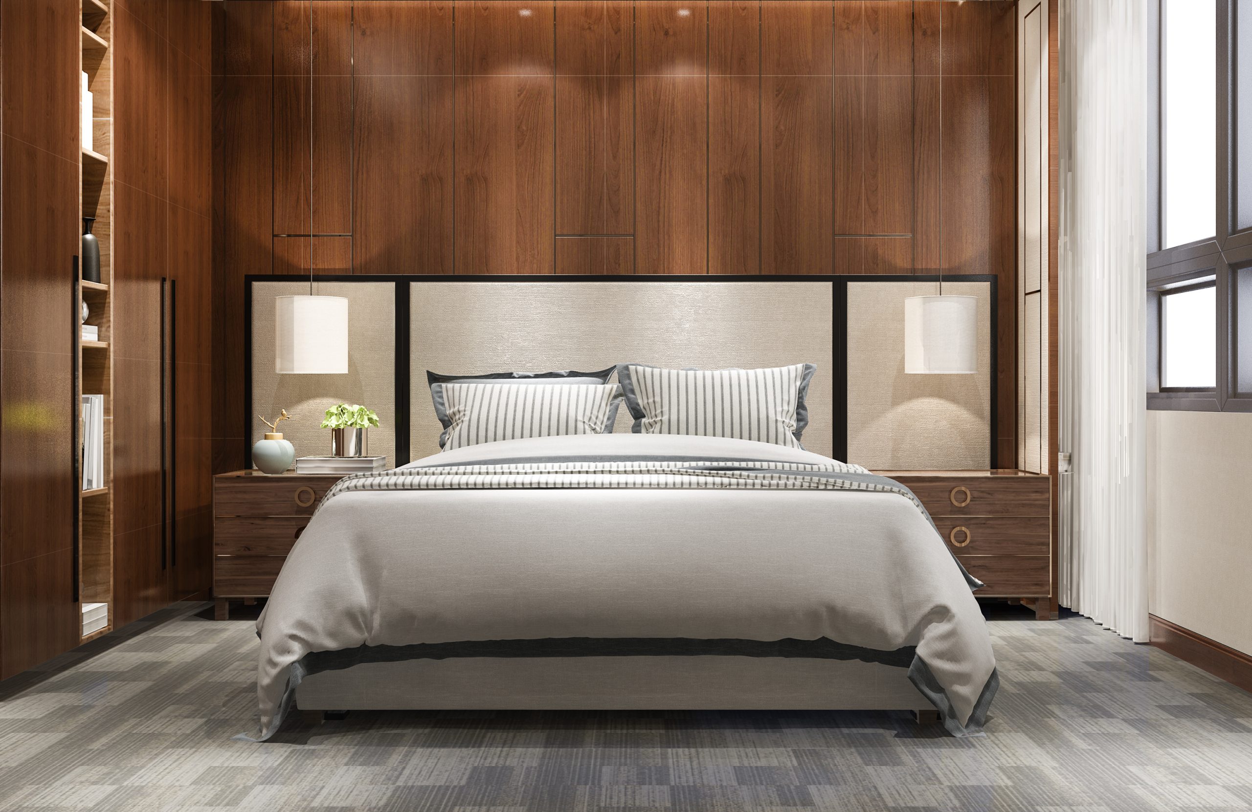 3d rendering luxury bedroom suite in hotel with tv and cabinet and wardrobe Verona Yatak Odası Takımı - Görsel 1