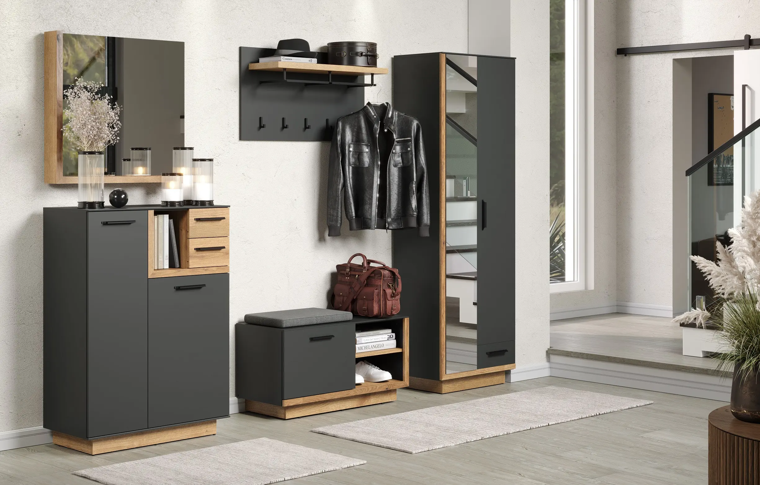 33625-Sonia-Modern-Hallway-Wardrobe-in-Anthracite-and-Oak Kavera Vestiyer Takımı - Görsel 1