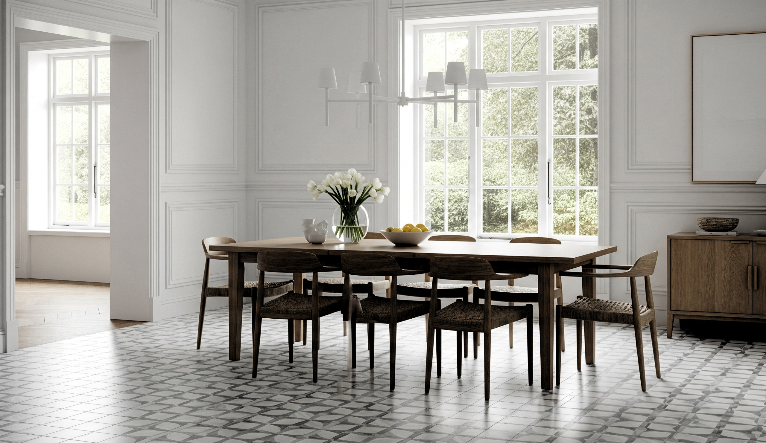 Classic-White---Wood-with-Textured-or-Patterned-Tiles Evoris Yemek Odası Takımı - Görsel 1