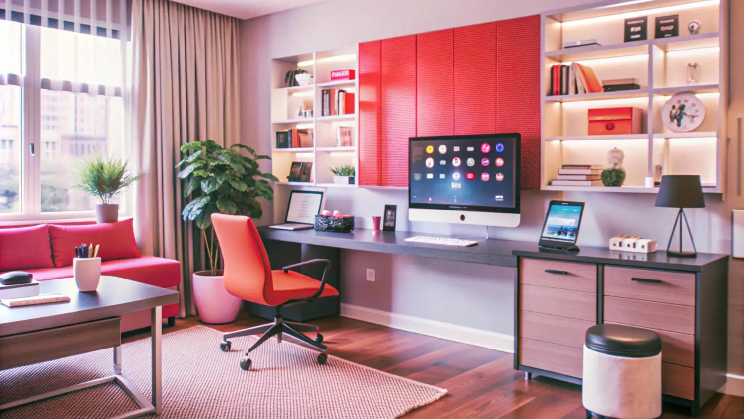 Modern-Creative-Workspace-with-Bright-Red-Sofa-and-Smart-Lighting Veyron Çalışma Odası Takımı - Görsel 1